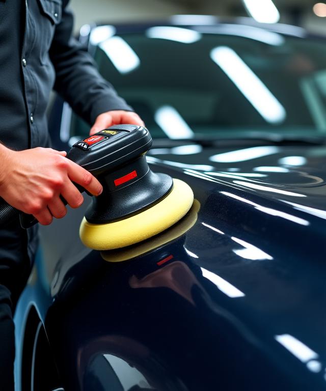 Ein Experte von AlpenGlow Auto Care poliert sorgfältig den Lack eines Fahrzeugs.